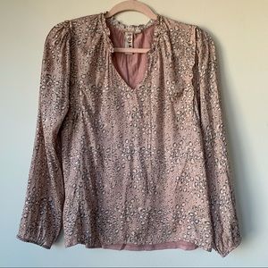 Anthropologie Dolan Left Coast Miramar Ruffle Leopard Top Sz XS Pink Long Sleeve